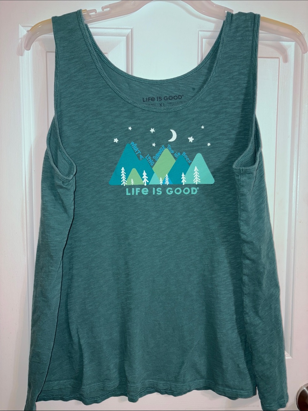 Life Is Good XL Women's Teal Mountain Graphic Tank Top "What a Strange Life"